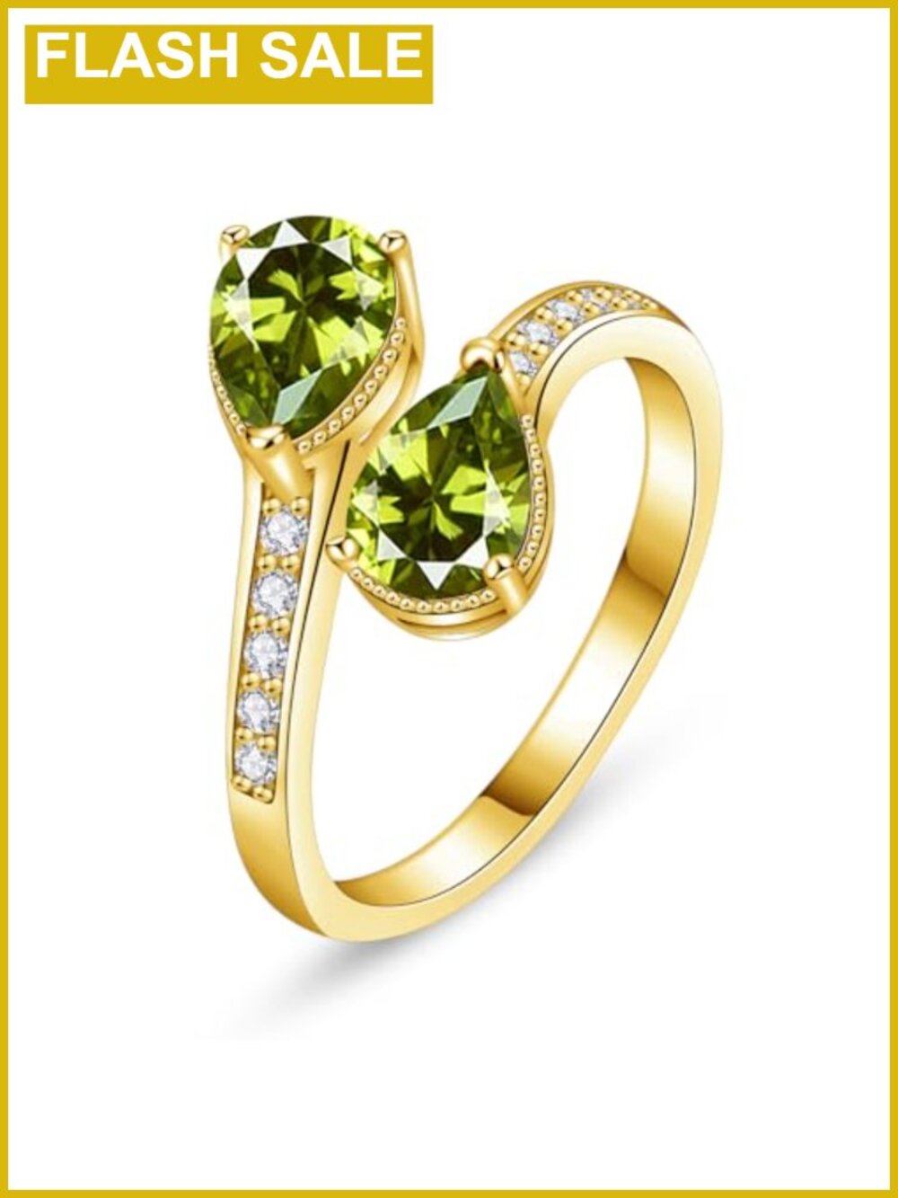 14K Gold Plated Adjustable Teardrop Simulated Peridot Birthstone Ring